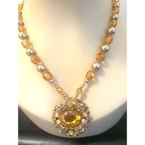 Vintage Amber Glass Pearl Beaded Necklace Ornate Gold Tone Pendant ~ EUC!!!